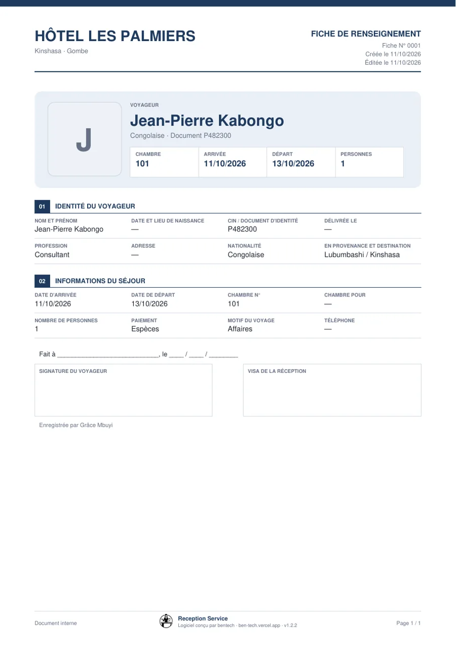 Fiche voyageur PDF générée par Reception Service